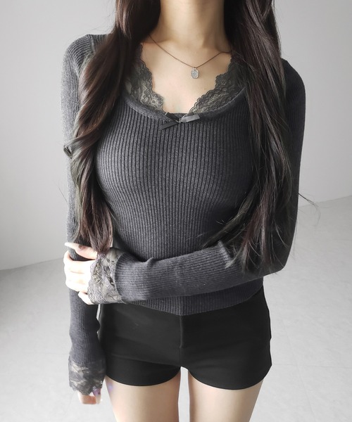 me+em select(ミームセレクト)の「【 3color 】フロントリボンレース切替リブニットトップス / front ribbon lace switching ribbed knit tops(ニット/セーター・レディース・チャコール/ブラック/ホワイト・FREE)」の20枚目の写真