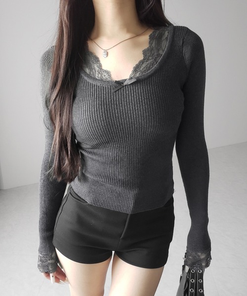 me+em select(ミームセレクト)の「【 3color 】フロントリボンレース切替リブニットトップス / front ribbon lace switching ribbed knit tops(ニット/セーター・レディース・チャコール/ブラック/ホワイト・FREE)」の21枚目の写真