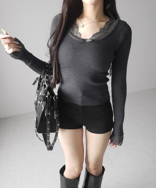 me+em select(ミームセレクト)の「【 3color 】フロントリボンレース切替リブニットトップス / front ribbon lace switching ribbed knit tops(ニット/セーター・レディース・チャコール/ブラック/ホワイト・FREE)」の22枚目の写真