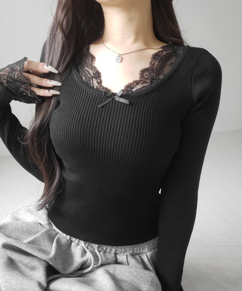 me+em select(ミームセレクト)の「【 3color 】フロントリボンレース切替リブニットトップス / front ribbon lace switching ribbed knit tops(ニット/セーター・レディース・チャコール/ブラック/ホワイト・FREE)」の5枚目の写真