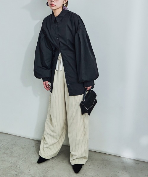 Fashion Letter(ファッションレター)の「ダブルウエスト ストライプワイドスラックス(スラックス・レディース・アイボリー/ネイビー/グレー・M)」の3枚目の写真