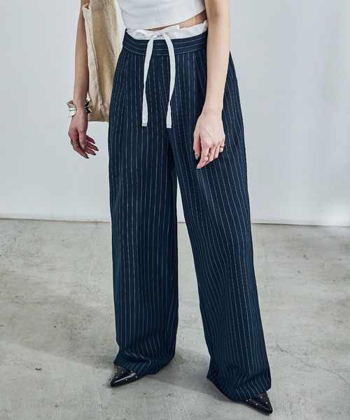 Fashion Letter(ファッションレター)の「ダブルウエスト ストライプワイドスラックス(スラックス・レディース・アイボリー/ネイビー/グレー・M)」の1枚目の写真