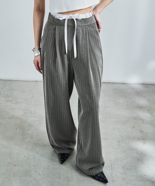 Fashion Letter(ファッションレター)の「ダブルウエスト ストライプワイドスラックス(スラックス・レディース・アイボリー/ネイビー/グレー・M)」の4枚目の写真