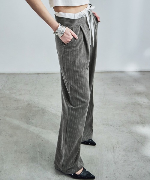 Fashion Letter(ファッションレター)の「ダブルウエスト ストライプワイドスラックス(スラックス・レディース・アイボリー/ネイビー/グレー・M)」の5枚目の写真