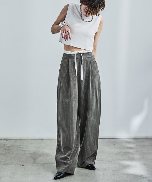 Fashion Letter(ファッションレター)の「ダブルウエスト ストライプワイドスラックス(スラックス・レディース・アイボリー/ネイビー/グレー・M)」の6枚目の写真