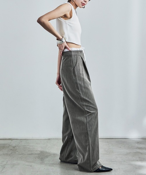 Fashion Letter(ファッションレター)の「ダブルウエスト ストライプワイドスラックス(スラックス・レディース・アイボリー/ネイビー/グレー・M)」の9枚目の写真