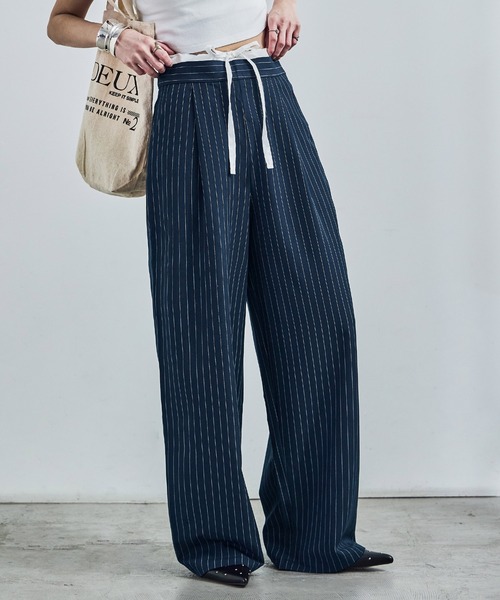 Fashion Letter(ファッションレター)の「ダブルウエスト ストライプワイドスラックス(スラックス・レディース・アイボリー/ネイビー/グレー・M)」の14枚目の写真