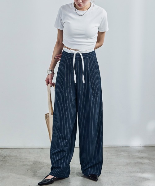 Fashion Letter(ファッションレター)の「ダブルウエスト ストライプワイドスラックス(スラックス・レディース・アイボリー/ネイビー/グレー・M)」の15枚目の写真