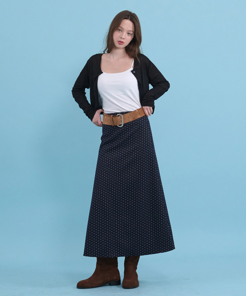 MICANE(ミケーネ)の「ケイドドットロングスカート(スカート・レディース・ダークネイビー・X-SMALL/SMALL/MEDIUM/LARGE/X-LARGE/XX-LARGE)」の2枚目の写真