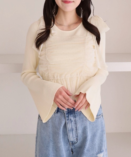 archives(アルシーヴ)の「ラインストーンチュールビスチェ×リブニットSET(ニット/セーター・レディース・グレー/オフホワイト/クリーム/ブラック・MEDIUM)」の4枚目の写真