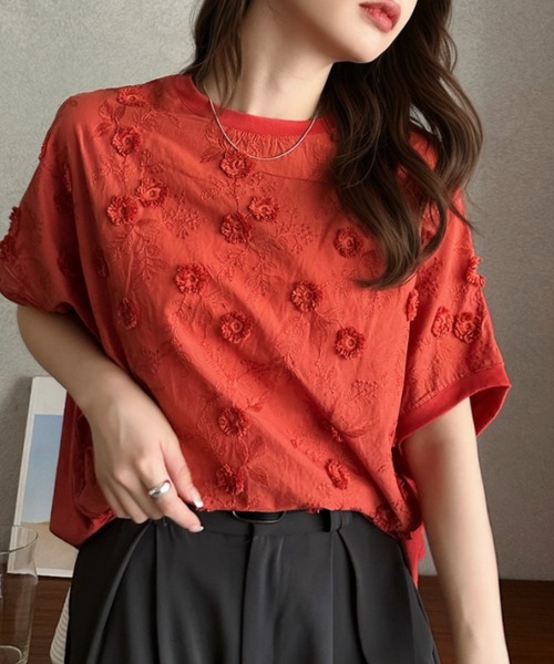 Eclat one（エクラワン）の「【Eclat one】フラワー 刺繍 ドルマン プルオーバー（Tシャツ/カットソー・レディース・オフホワイト/チャコール/レッド・FREE）」の10枚目の写真