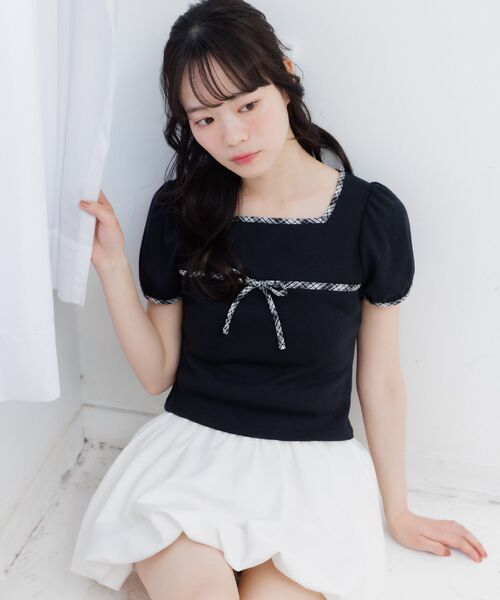 ems excite(エムズエキサイト)の「チェックパイピングTシャツ(Tシャツ/カットソー・レディース・ナチュラル/ブラック/ブラウン/ダークブルー・FREE)」の22枚目の写真