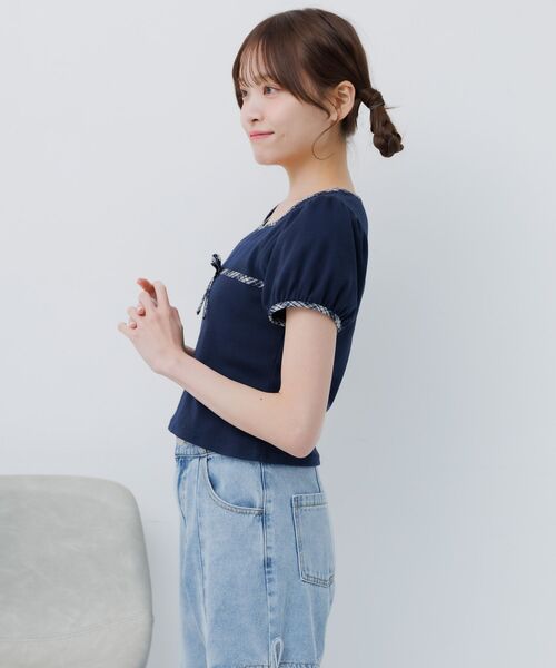 ems excite(エムズエキサイト)の「チェックパイピングTシャツ(Tシャツ/カットソー・レディース・ナチュラル/ブラック/ブラウン/ダークブルー・FREE)」の12枚目の写真