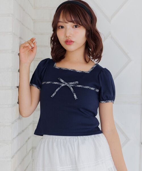 ems excite(エムズエキサイト)の「チェックパイピングTシャツ(Tシャツ/カットソー・レディース・ナチュラル/ブラック/ブラウン/ダークブルー・FREE)」の11枚目の写真
