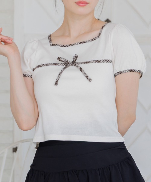 ems excite(エムズエキサイト)の「チェックパイピングTシャツ(Tシャツ/カットソー・レディース・ナチュラル/ブラック/ブラウン/ダークブルー・FREE)」の3枚目の写真