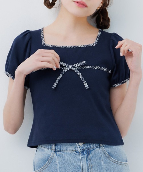 ems excite(エムズエキサイト)の「チェックパイピングTシャツ(Tシャツ/カットソー・レディース・ナチュラル/ブラック/ブラウン/ダークブルー・FREE)」の4枚目の写真