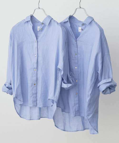 Spick & Span(スピックアンドスパン)の「《程よくすっきりサイズ / 追加》 80リネンカシュクール ミディシャツ(シャツ/ブラウス・レディース・サックスブルー/ホワイト・FREE)」の11枚目の写真