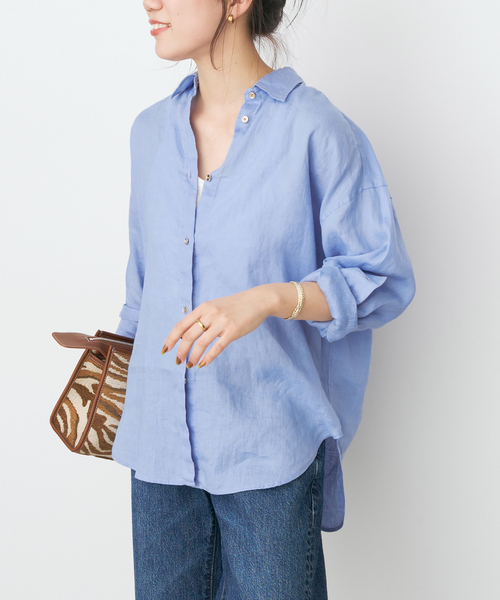 Spick & Span(スピックアンドスパン)の「《程よくすっきりサイズ / 追加》 80リネンカシュクール ミディシャツ(シャツ/ブラウス・レディース・サックスブルー/ホワイト・FREE)」の4枚目の写真