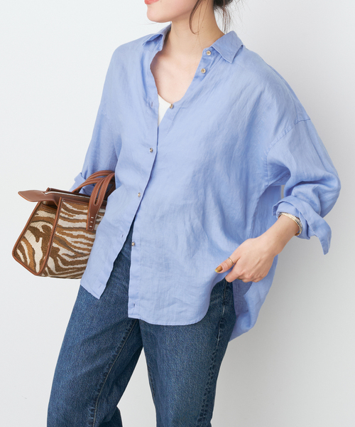 Spick & Span(スピックアンドスパン)の「《程よくすっきりサイズ / 追加》 80リネンカシュクール ミディシャツ(シャツ/ブラウス・レディース・サックスブルー/ホワイト・FREE)」の5枚目の写真