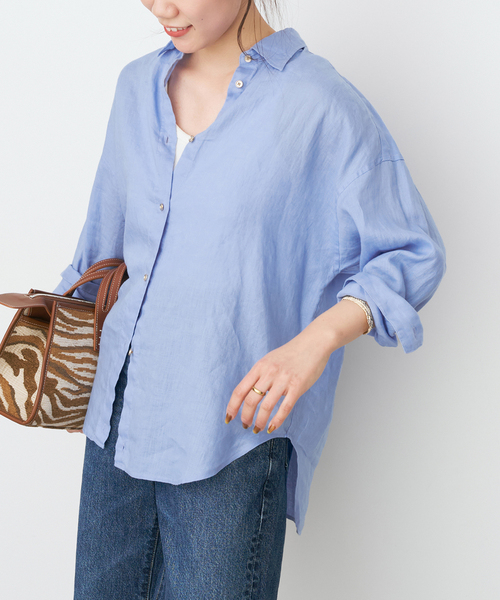 Spick & Span(スピックアンドスパン)の「《程よくすっきりサイズ / 追加》 80リネンカシュクール ミディシャツ(シャツ/ブラウス・レディース・サックスブルー/ホワイト・FREE)」の6枚目の写真