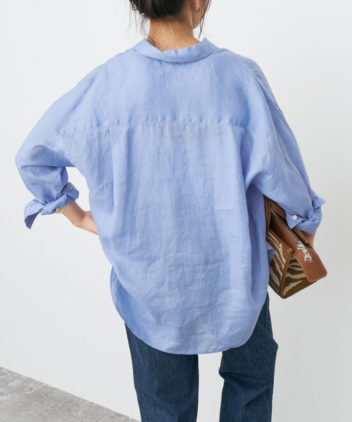 Spick & Span(スピックアンドスパン)の「《程よくすっきりサイズ / 追加》 80リネンカシュクール ミディシャツ(シャツ/ブラウス・レディース・サックスブルー/ホワイト・FREE)」の7枚目の写真