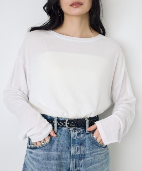 AZUL by moussy(アズールバイマウジー)の「シアーカットトップス シアートップス 春服 秋服 Tシャツ 無地 長袖(Tシャツ/カットソー・レディース・オフホワイト/ブラウン/ライトブラック/ライトイエロー・FREE)」の2枚目の写真