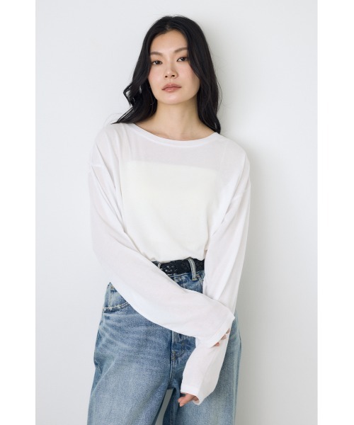AZUL by moussy(アズールバイマウジー)の「シアーカットトップス シアートップス 春服 秋服 Tシャツ 無地 長袖(Tシャツ/カットソー・レディース・オフホワイト/ブラウン/ライトブラック/ライトイエロー・FREE)」の13枚目の写真