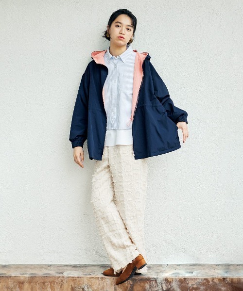 mensha!（メンシャ）の「ｍｅｎｓｈａ！　外側撥水（はっすい）加工＆ＵＶカット　内側ガーゼのドロストパーカー（マウンテンパーカー・レディース・ベージュ系その他/ネイビー系・M/L/LL/3L）」の5枚目の写真