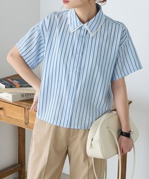 ラメストライプレイヤード襟半袖シャツ