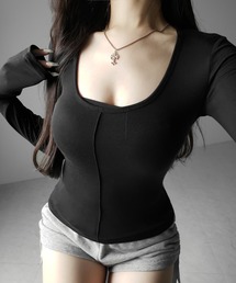 【 3color 】オープンネックタイトフィットルーズドレープ長袖Tシャツ / open neck tight fit loose drape long sleeve T-shirts