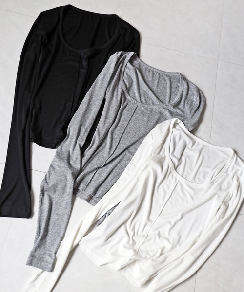 me+em select(ミームセレクト)の「【 3color 】オープンネックタイトフィットルーズドレープ長袖Tシャツ / open neck tight fit loose drape long sleeve T-shirts(Tシャツ/カットソー・レディース・アイボリー/グレー/ブラック・FREE)」の4枚目の写真