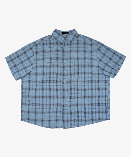OWSA（オウサ）の「チェックロールアップ半袖シャツ2カラー（シャツ/ブラウス・メンズ・チャコール/ブルー・MEDIUM/LARGE）」の20枚目の写真
