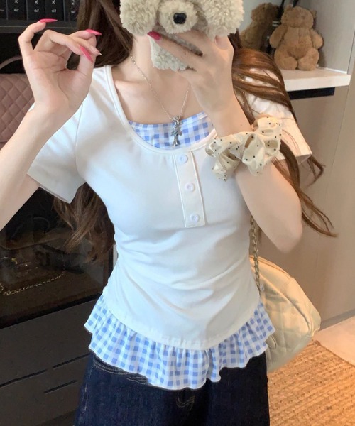 HALEY PESCA(ヘーリーペスカ)の「HALEY PESCA/チェックフリルレイヤードトップス(Tシャツ/カットソー・レディース・グレー/ホワイト/ブラック・FREE)」の1枚目の写真