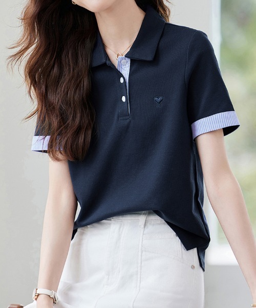 ONEP STAR(ワンピスター)の「ストライプ切替半袖ポロシャツ(ポロシャツ・レディース・ネイビー・X-LARGE/LARGE/MEDIUM)」の4枚目の写真