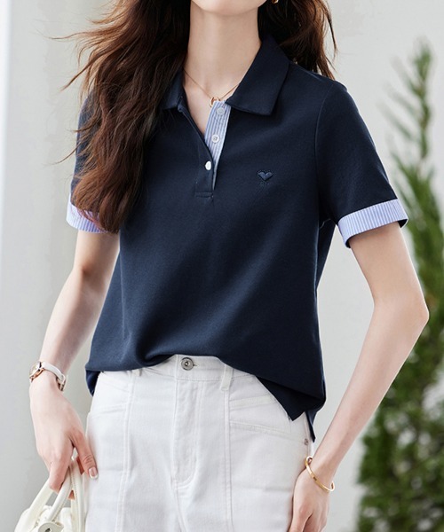 ONEP STAR(ワンピスター)の「ストライプ切替半袖ポロシャツ(ポロシャツ・レディース・ネイビー・X-LARGE/LARGE/MEDIUM)」の7枚目の写真