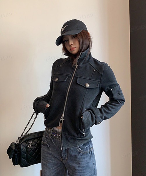 Dalfwin(ダールフィン)の「Y2Kクロスデザインピグメント加工ダブルジップジャケット(ライダースジャケット・レディース・ブラック・FREE)」の5枚目の写真