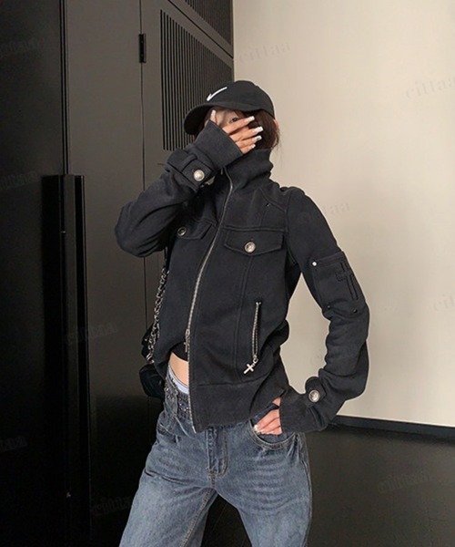 Dalfwin(ダールフィン)の「Y2Kクロスデザインピグメント加工ダブルジップジャケット(ライダースジャケット・レディース・ブラック・FREE)」の6枚目の写真
