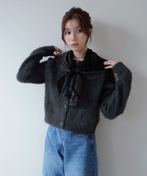 AMUU. PRECIEUSE(アムープレシューズ)の「シャギークルーネックカーディガン(カーディガン/ボレロ・レディース・グレー/ブラック/ピンク/オフホワイト・FREE)」の12枚目の写真