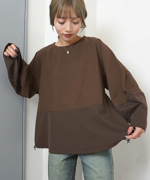 gossara(ゴサラ)の「【gossara 異素材MIX】ドロスト布帛ドッキングプルオーバー(Tシャツ/カットソー・レディース・ブラウン/オフホワイト/ブラック・FREE)」の3枚目の写真