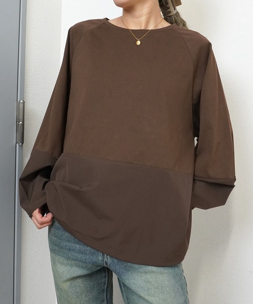 gossara(ゴサラ)の「【gossara 異素材MIX】ドロスト布帛ドッキングプルオーバー(Tシャツ/カットソー・レディース・ブラウン/オフホワイト/ブラック・FREE)」の4枚目の写真