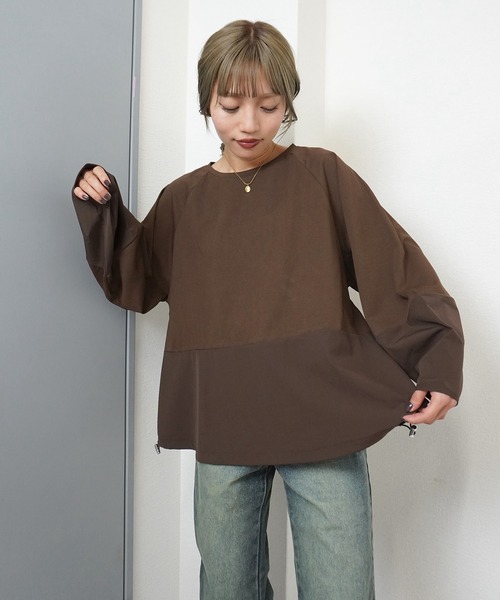 gossara(ゴサラ)の「【gossara 異素材MIX】ドロスト布帛ドッキングプルオーバー(Tシャツ/カットソー・レディース・ブラウン/オフホワイト/ブラック・FREE)」の5枚目の写真