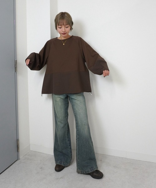 gossara(ゴサラ)の「【gossara 異素材MIX】ドロスト布帛ドッキングプルオーバー(Tシャツ/カットソー・レディース・ブラウン/オフホワイト/ブラック・FREE)」の11枚目の写真