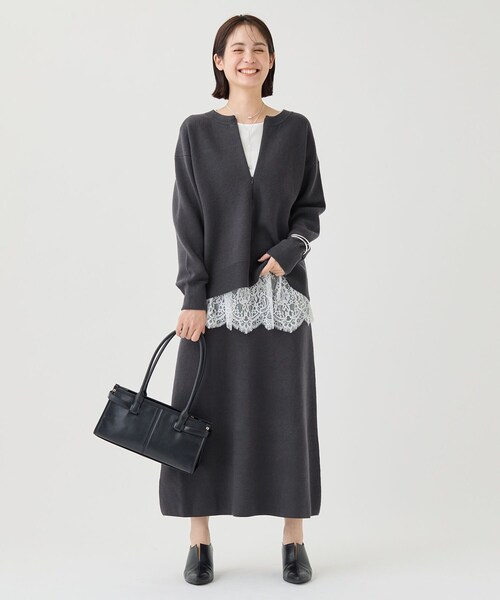 INDIVI（インディヴィ）の「【SETUP可／袖口裏 配色】ウーリーWフェイスニット（ニット/セーター・レディース・チャコールグレー/ブラウン系8/ライトグレー系8・05/38/15 /34/13）」の12枚目の写真
