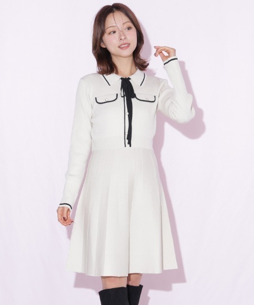 JILL by JILL STUART(ジルバイジルスチュアート)の「配色ラインニットミニワンピース長袖(ワンピース・レディース・ピンク/ブラック/ホワイト・FREE)」の2枚目の写真