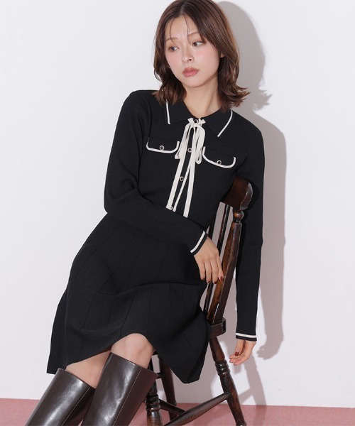 JILL by JILL STUART(ジルバイジルスチュアート)の「配色ラインニットミニワンピース長袖(ワンピース・レディース・ピンク/ブラック/ホワイト・FREE)」の1枚目の写真