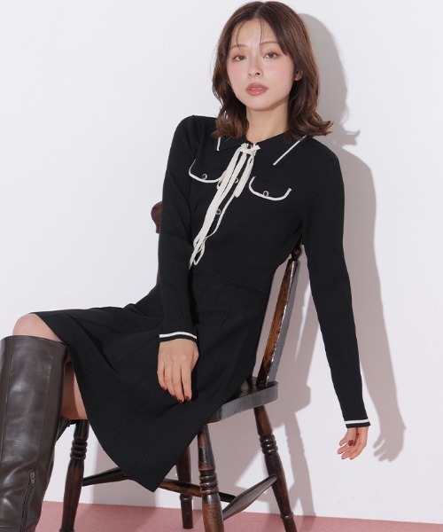 JILL by JILL STUART(ジルバイジルスチュアート)の「配色ラインニットミニワンピース長袖(ワンピース・レディース・ピンク/ブラック/ホワイト・FREE)」の6枚目の写真