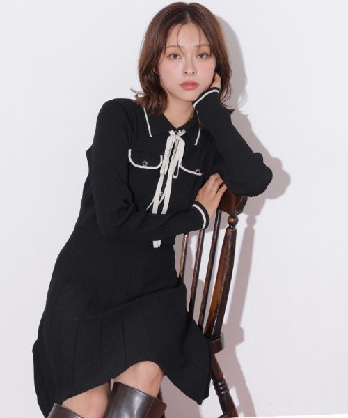 JILL by JILL STUART(ジルバイジルスチュアート)の「配色ラインニットミニワンピース長袖(ワンピース・レディース・ピンク/ブラック/ホワイト・FREE)」の5枚目の写真