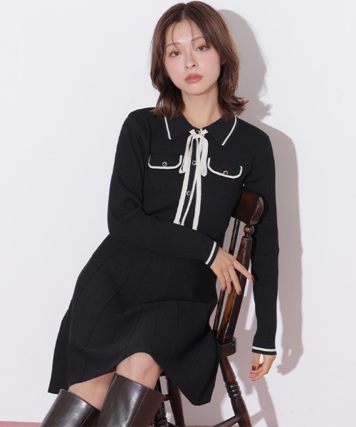 JILL by JILL STUART(ジルバイジルスチュアート)の「配色ラインニットミニワンピース長袖(ワンピース・レディース・ピンク/ブラック/ホワイト・FREE)」の4枚目の写真