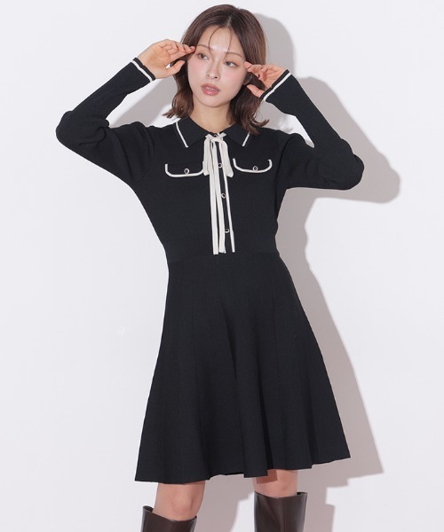 JILL by JILL STUART(ジルバイジルスチュアート)の「配色ラインニットミニワンピース長袖(ワンピース・レディース・ピンク/ブラック/ホワイト・FREE)」の9枚目の写真