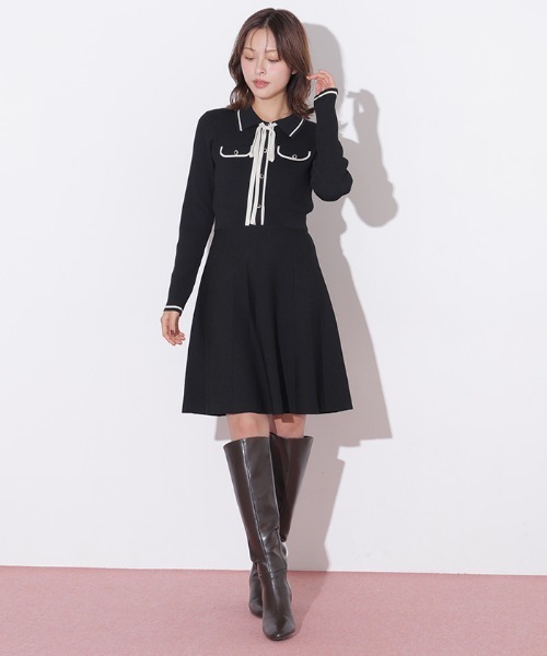 JILL by JILL STUART(ジルバイジルスチュアート)の「配色ラインニットミニワンピース長袖(ワンピース・レディース・ピンク/ブラック/ホワイト・FREE)」の12枚目の写真